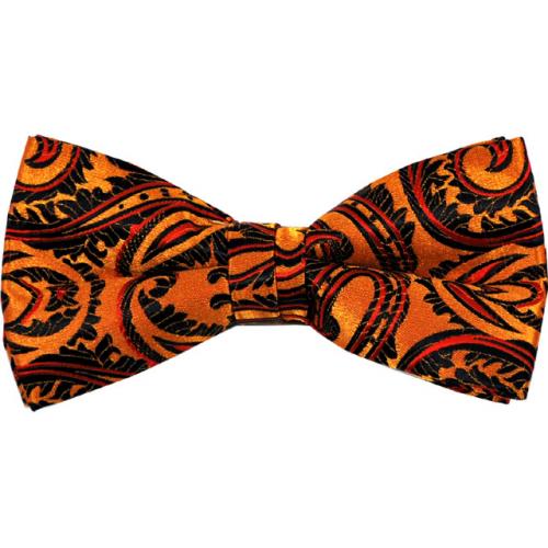 Classico Italiano Tangerine / Wine / Black Paisley Design 100% Silk Bow Tie / Hanky Set